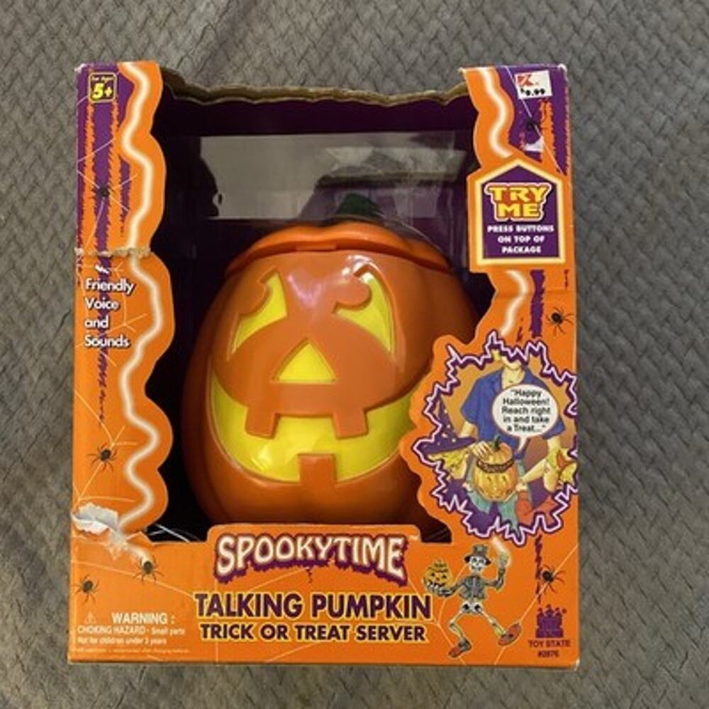 Spooky Time Talking Pumpkin Trick Or Treat Candy Bowl NEW Open Box 1998